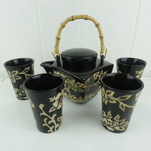Asian Black and Beige 5pc Ceramic Tea Set Floral Design Bamboo Handle - Picture 1 of 14